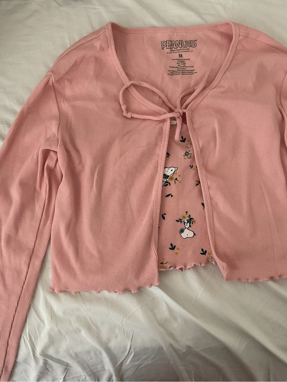 Peanuts Pink Ribbed Floral Snoopy Tank Top w/Cardigan